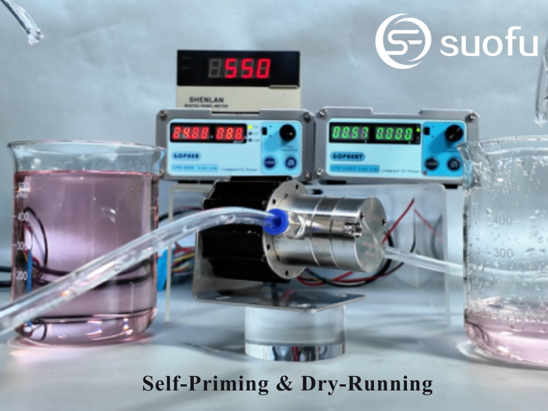 Self-priming and dry-running micro magnetic pump for gas-liquid transfer and vacuum intake applications